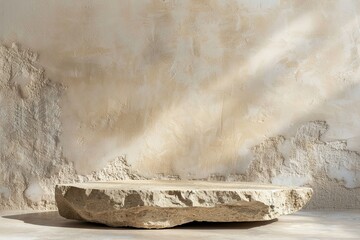 Minimalistic beige stone podium. Mock up for product, cosmetic presentation. Pedestal, platform for beauty products. Empty scene. Stage, display, showcase. Podium with copy space.