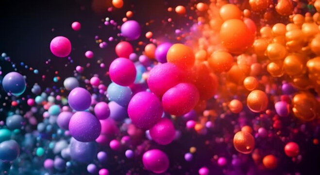 3d render of abstract art video animation with 3d ball in explosion process based on small ball spheres or bubbles particles in orange red purple and blue gradient color on isolated black background