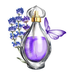 A perfume bottle made of transparent glass with lavender flowers. Vintage purple perfume with lavender scent. A hand-drawn watercolor illustration. Isolate her. For packaging, postcards and labels.