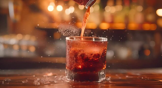 Super slow motion of pouring cola into glass with speed motion. Filmed on high speed cinema camera, 1000 fps. Placed on high speed cine bot. Bar with bottles on background. Speed ramp effect