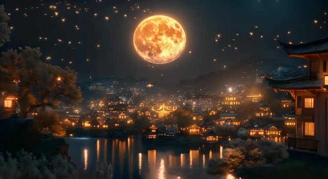 This was done in HD and with lots of lighting, Night scene, big scene, blue background, Chinese town, bustling, The giant golden moon is in the center of the picture,brightly lit, in the style of Hiro