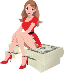 Stylish woman sitting on money stack vector illustration