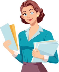 Illustration of a businesswoman confidently holding paperwork, isolated on white