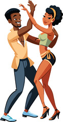 Animated illustration of a stylish couple engaged in a lively salsa dance