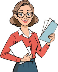 Illustration of a businesswoman confidently holding paperwork, isolated on white