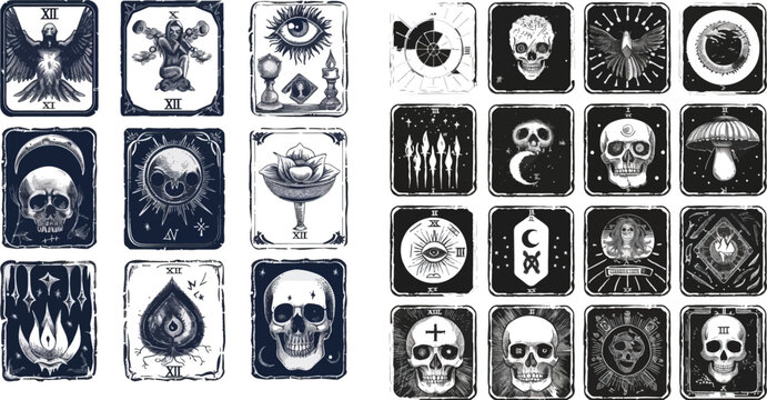 Vintage hand drawn mystic tarot cards, skull, lotus and evil eye magical symbols