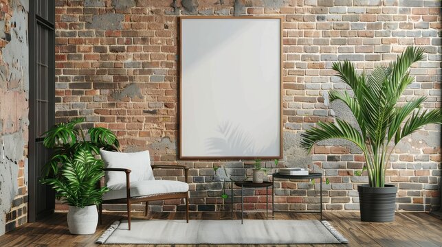 Interior room design with table, plant and empty poster template on brick wall. AI generated image