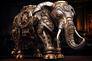 Aged Steampunk elephant. Engine animal machine. Generate Ai - obrazy, fototapety, plakaty