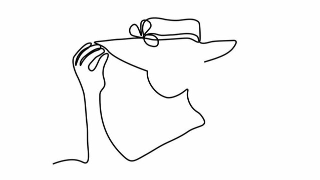 Self drawing animation with one continuous line draw,
woman in hat