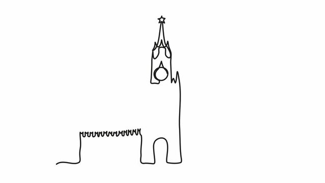 Self drawing animation with one continuous line draw,
abstract Moscow Kremlin, Spasskaya Clock Tower