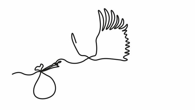 Self drawing animation with one continuous line draw, abstract flying stork with bag