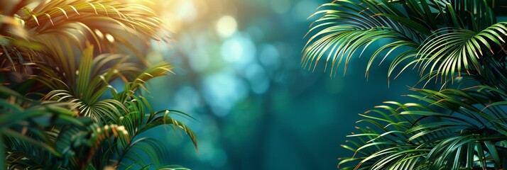 Summer sunlight illuminates the lush green foliage of tropical palm trees on a blue background. - obrazy, fototapety, plakaty