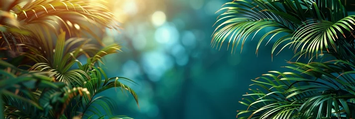 Fotobehang Summer sunlight illuminates the lush green foliage of tropical palm trees on a blue background. © Iryna