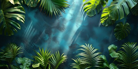 Lush green tropical background with palm leaves and exotic plants.