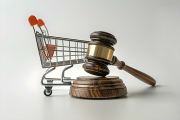 Legal Concepts: Symbols on Shopping Trolley and Judge's Gavel on White Background. Concept Legal Concepts, Symbols, Shopping Trolley, Judge's Gavel, White Background