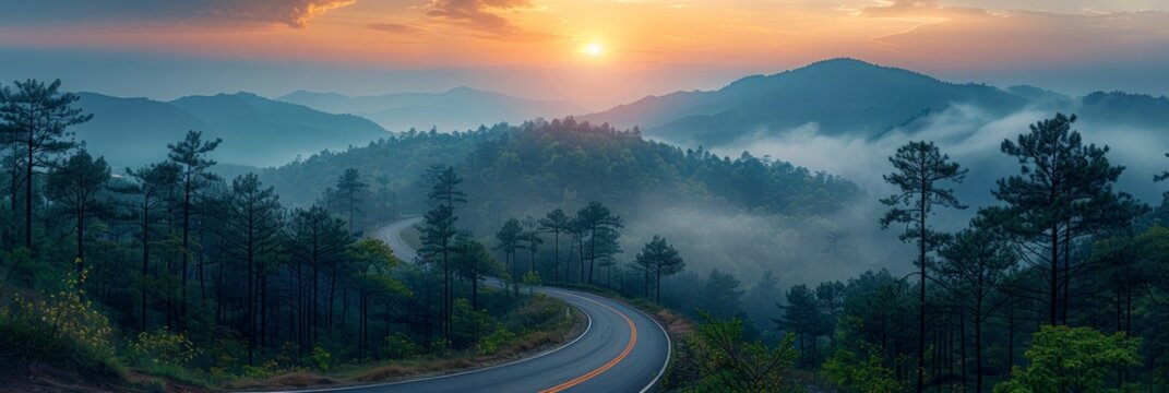 Foggy morning in nature, with foggy mountains and winding roads.