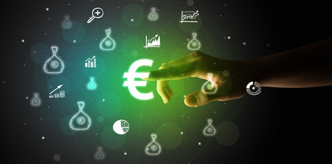 Businessman finger touching on screen multimedia interface with hand drawn currency icons