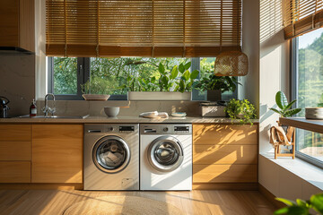 A kitchen with a washer and dryer, a potted plant, and a window - obrazy, fototapety, plakaty