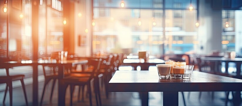 A restaurant with wooden tables and chairs in a city building, featuring blurry windows and glass fixtures. The room has a cozy atmosphere perfect for events