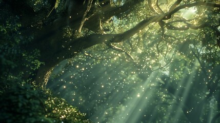 Beneath a canopy of ancient trees, a mischievous sprite flits through the foliage, leaving a trail of sparkling dust in its wake as it plays among the branches.