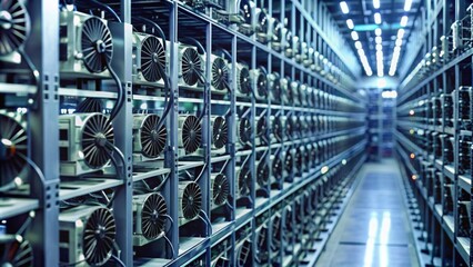 Computer cooling fans in a large data center. Shallow depth of field.
