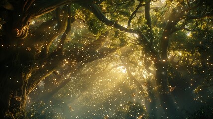 Beneath a canopy of ancient trees, a mischievous sprite flits through the foliage, leaving a trail of sparkling dust in its wake as it plays among the branches. - obrazy, fototapety, plakaty