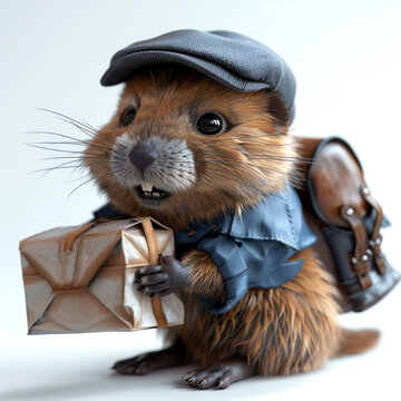 Diligent beaver mascot decked in a delivery suit, 3D rendering, reliability embodied, on white background