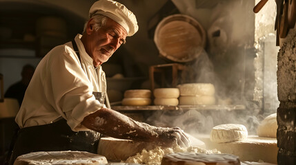 An expert cheesemaker at work. Dairy, cheese