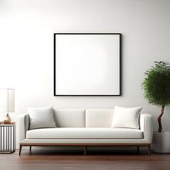Blank picture frame mockup on white wall. Modern living room design. View of modern scandinavian style interior with sofa. ONE square templates for artwork, painting, photo 