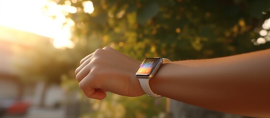 close up of woman's hand checking smart watch outdoors