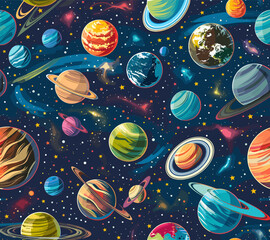 Seamless pattern illustration variety of planets and starry space backdrop.