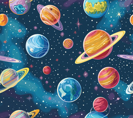 Seamless pattern illustration variety of planets and starry space backdrop.