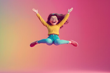 Freudensprung: Cartoonfigur springt vor Freude in die Luft auf farbigem Hintergrund - obrazy, fototapety, plakaty