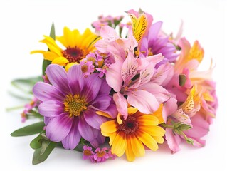 A colorful arrangement of fresh spring flowers on a white background, highlighting natural beauty and floral diversity.