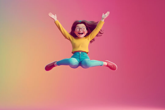 Freudensprung: Cartoonfigur springt vor Freude in die Luft auf farbigem Hintergrund