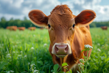 Portrait of cute red calf on the meadow of pasture. Livestock concept.