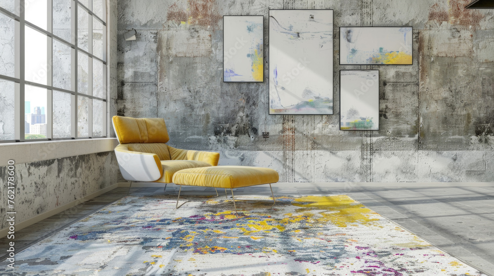 Poster a yellow chair is placed on top of a rug next to a window, creating a simple and functional seating 