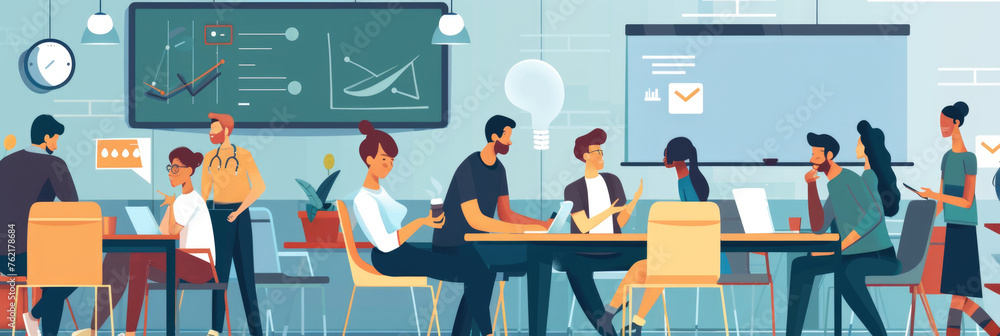 Poster a group of individuals seated at a table in a classroom setting, facing a blackboard where informati