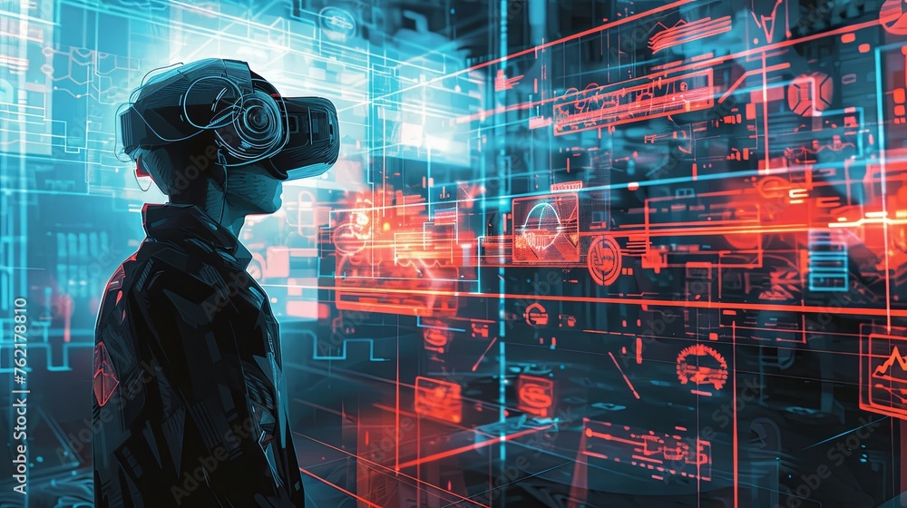 Poster person engaging with advanced virtual reality technology, surrounded by interactive digital user int