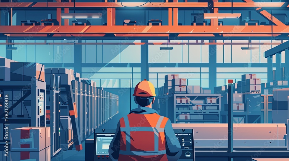 Poster back view of a worker in a safety vest monitoring advanced machinery in a high-tech automated wareho