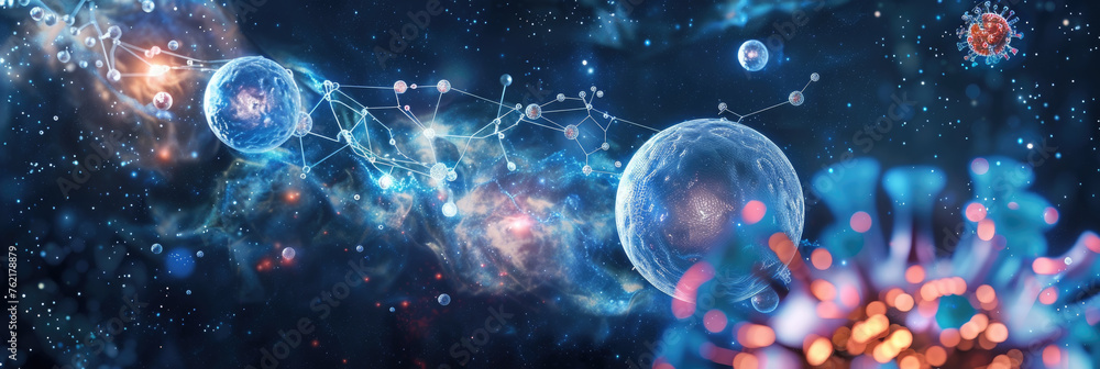 Poster viruses connect with cellular structures amidst a backdrop of digital space, symbolizing biological 
