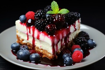 Luscious Piece cheesecake berry. Vanilla creamy dish. Generate Ai