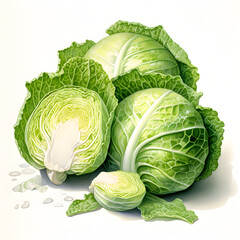 Cabbage, Garden Flower Bed, vegetable, Hsiang Ron Cheng/painting style, watercolor illustration, single object, white background for removing background.