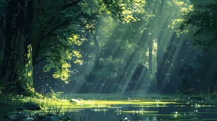 Enchanting Forest Stream with Dreamlike Sunlit Rays Illuminating Lush Verdant Landscape