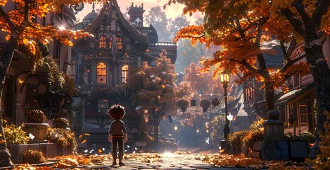 breathtaking depicts a quaint, fairy tale-inspired town nestled amidst a lush, autumnal landscape