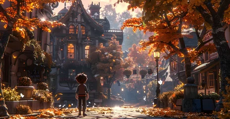 Gartenposter breathtaking depicts a quaint, fairy tale-inspired town nestled amidst a lush, autumnal landscape © Bussakon