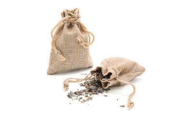 Rag sack with dried organic lavender flowers isolated on a white background. Copy space.	