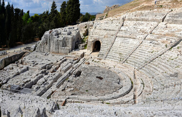 The beautiful ancient Greek theater in Neapolis archaeological park in Syracuse, Sicily, Italy