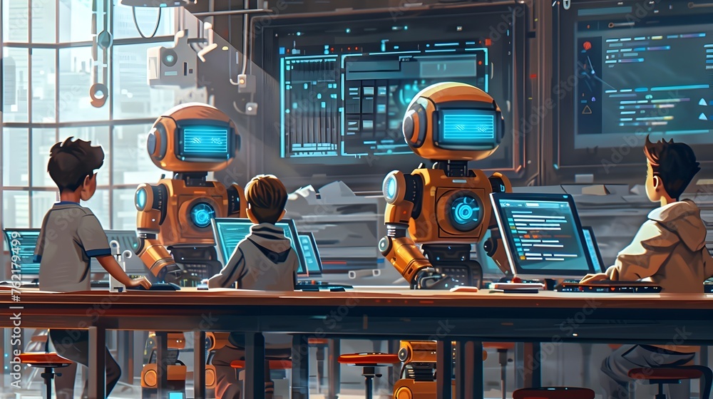 Poster futuristic classroom of budding tech innovators collaborating with friendly robots