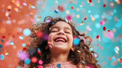 Wonder and Joy. Happy girl enjoying the holiday on the background of confetti. Concept of celebration and fun.